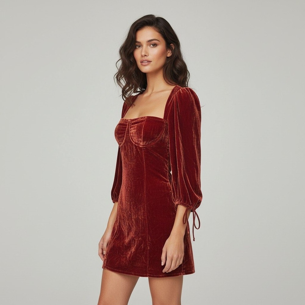 For Love & Lemons Rust Red Silk Velvet Mini Dress Square Neck Cutout Back XS